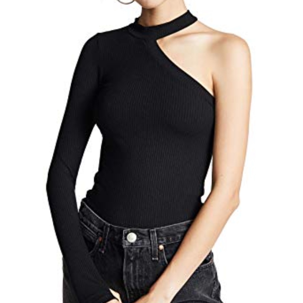 LNA cut out shoulder, one sleeve black ribbed top